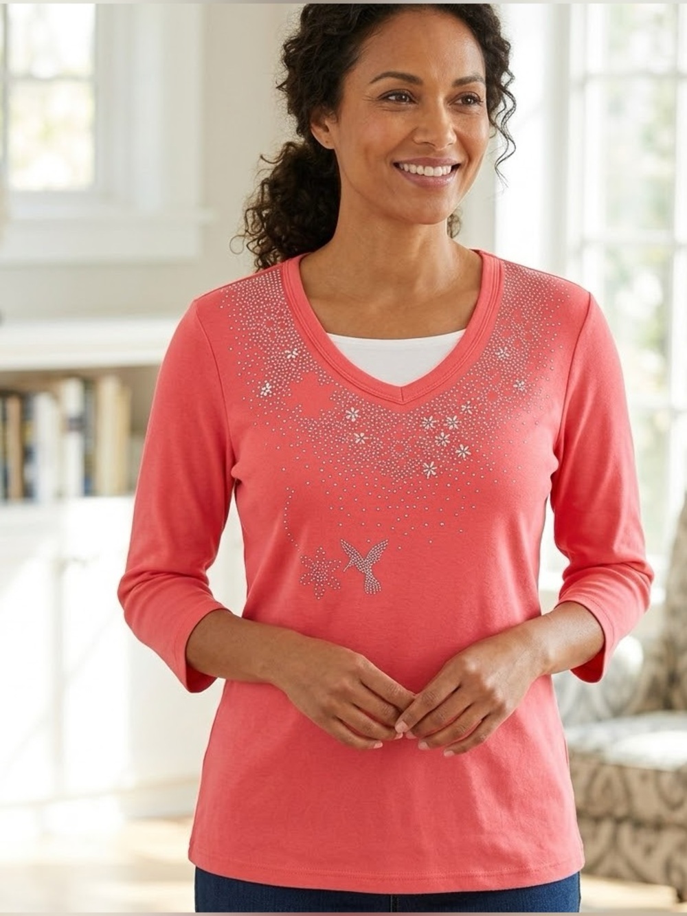Trilllogy by Morning Sun L Salmon Layered Look Embellished Knit Top